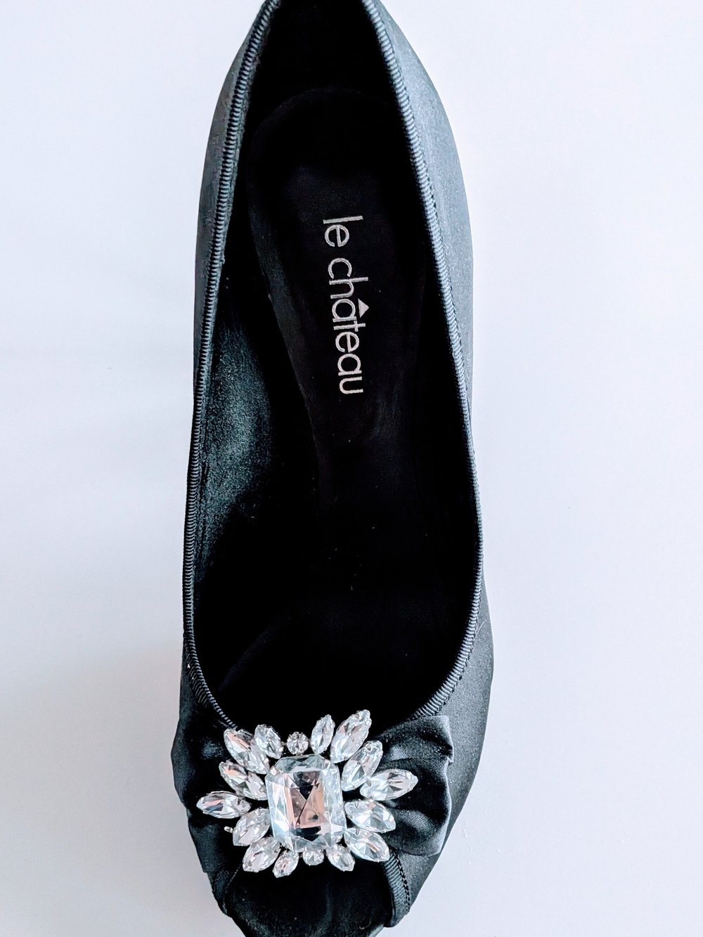 le chateau Black Satin Ballet Flat with Crystal Brooch